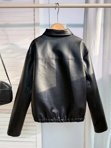 SHEIN Reset Phase 青少年女孩秋冬休閒日常高階校園通勤 Ins 風格百搭 PU 皮革翻領寬鬆夾克，秋季服飾，抓絨，長袖 - 黑色 - 查看 3