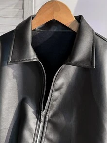 SHEIN Reset Phase 青少年女孩秋冬休閒日常高階校園通勤 Ins 風格百搭 PU 皮革翻領寬鬆夾克，秋季服飾，抓絨，長袖 - 黑色 - 查看 5