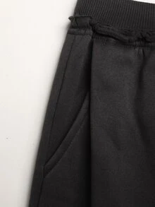 Tween女孩秋冬保暖內裡加厚寬鬆寬腿百褶高腰羅紋拼接抽繩腰口袋針織運動長褲 休閒街頭風Y2K童裝運動褲 深灰色 隨機1件 - 深灰色 - 查看 4