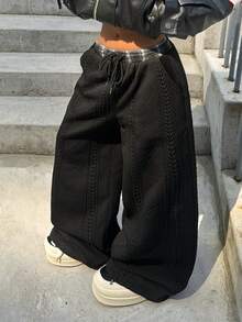 Coolane Women's Fall Winter Casual Basic Minimalist Lounge Textured Knit Black Loose High Waist Drawstring Soft Comfortable Versatile Warm Wide Leg Pants - Black - View 6