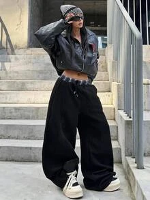 Coolane Women's Fall Winter Casual Basic Minimalist Lounge Textured Knit Black Loose High Waist Drawstring Soft Comfortable Versatile Warm Wide Leg Pants - Black - View 7
