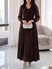 Feyla 女款純色荷葉邊休閒成熟優雅派對晚餐約會長款通勤秋季深棕色 - 棕色 - 查看 4