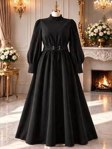 Rometta Plus Size Cinched Waist Corduroy Long Sleeve Dress, Autumn/Winter - Black - View 3