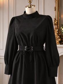 Rometta Plus Size Cinched Waist Corduroy Long Sleeve Dress, Autumn/Winter - Black - View 1