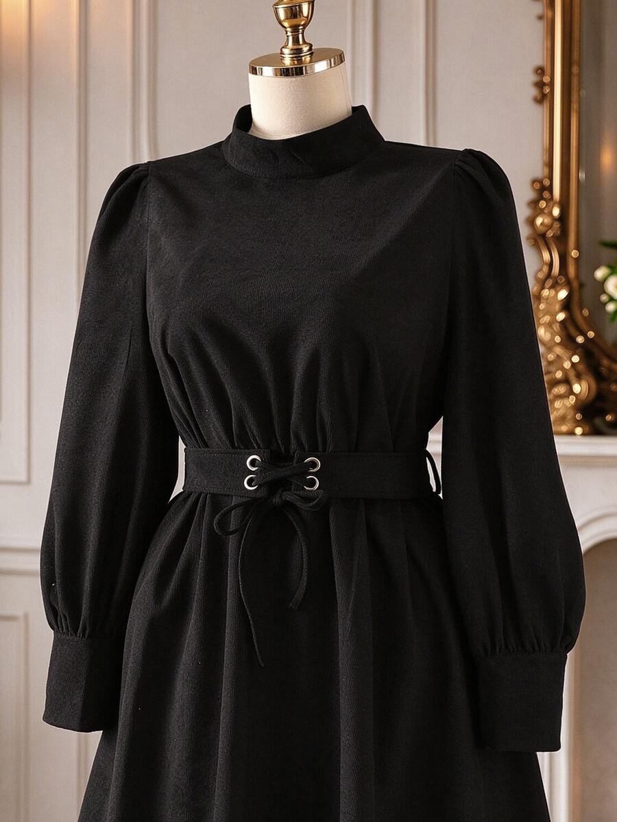 Rometta Plus Size Cinched Waist Corduroy Long Sleeve Dress, Autumn/Winter - Black - View 1
