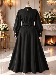 Rometta Plus Size Cinched Waist Corduroy Long Sleeve Dress, Autumn/Winter - Black - View 2