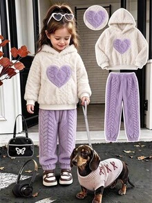 SHEIN 小女孩秋季愛心毛絨連帽衛衣運動褲兩件套 7歲生日嬰兒 - 紫色 - 查看 2