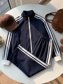 SHEIN Bộ 2 món áo khoác mũ trùm đầu và quần cho bé trai tuổi teen, phong cách thể thao thường ngày, họa tiết phối màu colorblock, dây đai webbing, phù hợp đi học, đi làm, mặc hàng ngày, du lịch, nghỉ dưỡng, chơi thể thao, mùa thu/đông - Xanh đậm - Xem 5