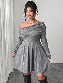 Rometta Plus Size Women's Asymmetrical Shoulder Floral Grey Ribbed Waist-Cinching Flared Long Sleeve Dress Fall - Grey - View 8
