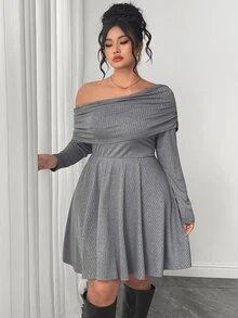 Rometta Plus Size Women's Asymmetrical Shoulder Floral Grey Ribbed Waist-Cinching Flared Long Sleeve Dress Fall - Grey - View 7