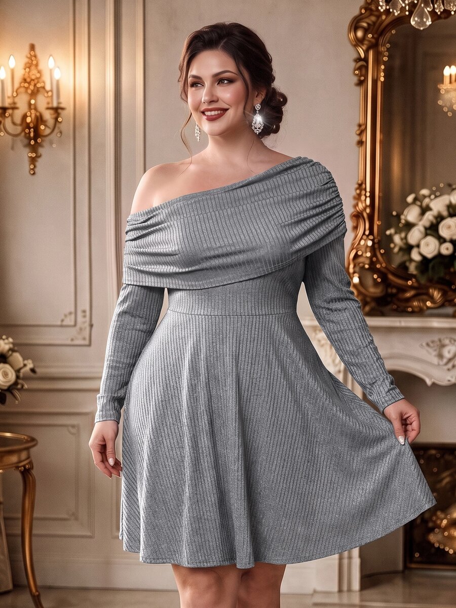 Rometta Plus Size Women's Asymmetrical Shoulder Floral Grey Ribbed Waist-Cinching Flared Long Sleeve Dress Fall - Grey - View 1