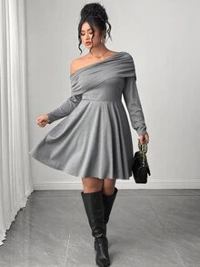 Rometta Plus Size Women's Asymmetrical Shoulder Floral Grey Ribbed Waist-Cinching Flared Long Sleeve Dress Fall - Grey - View 5