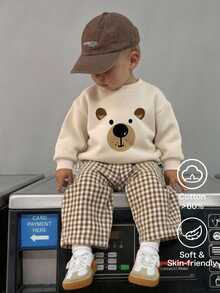 Kids Young Boy Simple Comfortable Bear Pattern Long Sleeve Pullover Sweatshirt & Elastic Waist Plaid Pants 2 Pieces Set, Suitable For Autumn/Winter - Multicolor - View 2