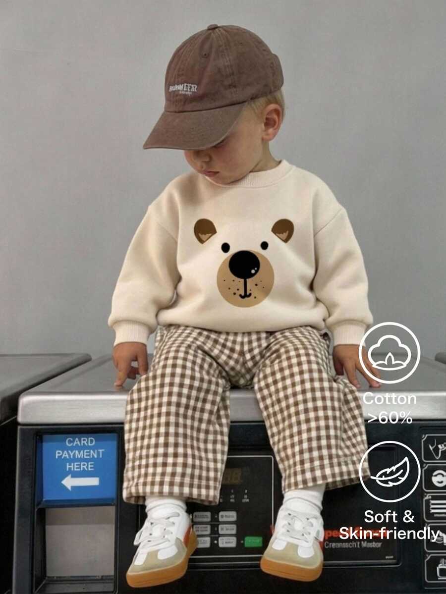 Kids Young Boy Simple Comfortable Bear Pattern Long Sleeve Pullover Sweatshirt & Elastic Waist Plaid Pants 2 Pieces Set, Suitable For Autumn/Winter