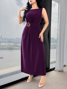 Feyla 腰部褶皱金属装饰收腰优雅鸡尾酒会及工作场合百搭连衣裙 - Bold Plum - 查看 7