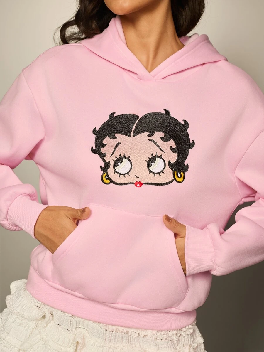 Betty Boop x SHEIN 女款 Betty Boop 卡通印花長袖口袋運動衫 - 粉色 - 查看 1