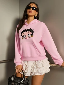 Betty Boop x SHEIN Women's Cartoon Print Long Sleeve Pocket Sweatshirt Betty Boop - Pink - View 6