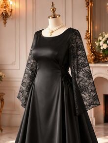 Rometta Plus Size Round Neck Long Satin Dress With Cinched Waist And Lace Sleeve Patchwork Fall - Black - View 2