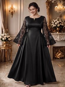 Rometta Plus Size Round Neck Long Satin Dress With Cinched Waist And Lace Sleeve Patchwork Fall - Black - View 1