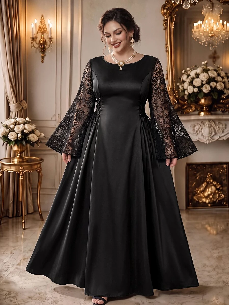 Rometta Plus Size Round Neck Long Satin Dress With Cinched Waist And Lace Sleeve Patchwork Fall - Black - View 1