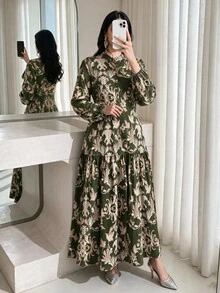 Mulvari 女款翡翠綠休閒端莊優雅歐風印花洋裝，適合正式場合、早晨、假期、冬季、家庭聚會、洗禮賓客 - 軍綠色 - 查看 1