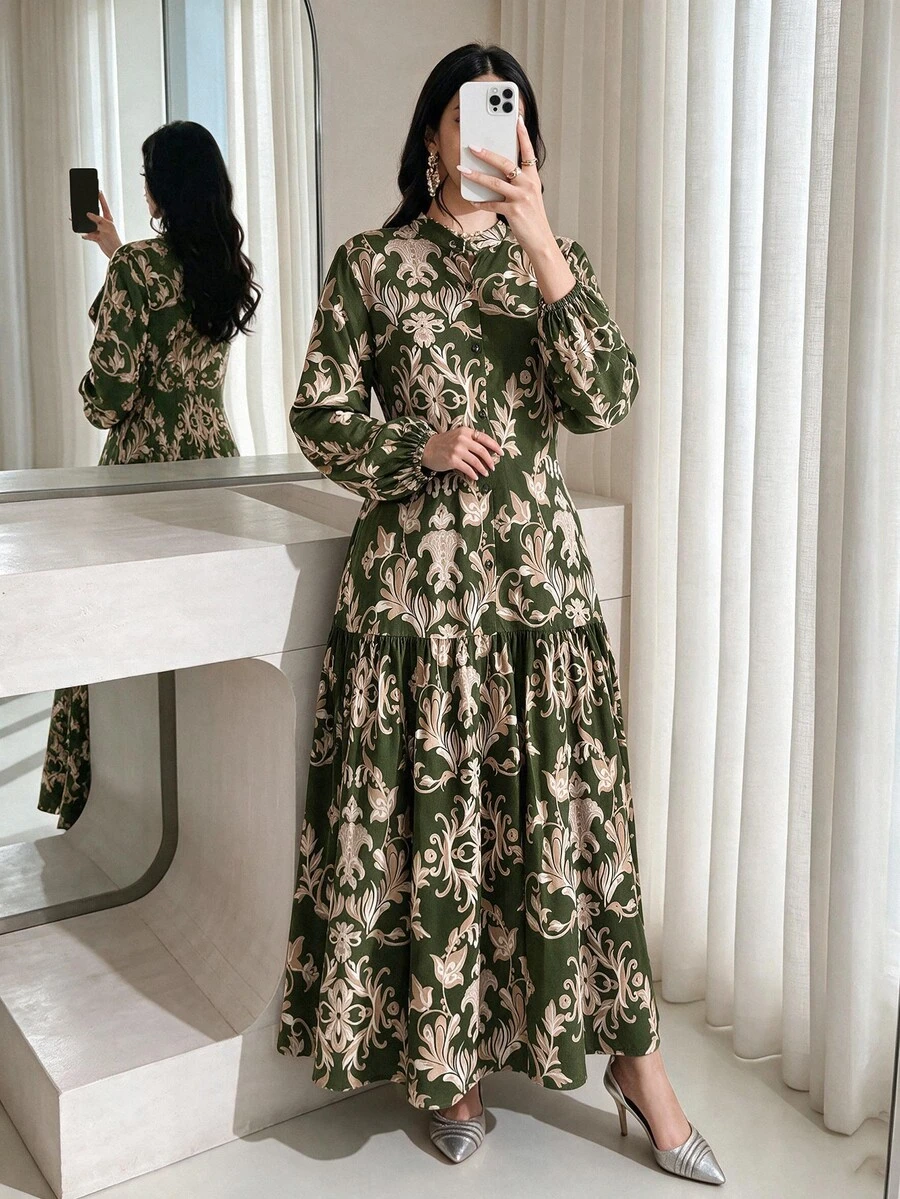 Mulvari 女款翡翠綠休閒端莊優雅歐風印花洋裝，適合正式場合、早晨、假期、冬季、家庭聚會、洗禮賓客 - 軍綠色 - 查看 1