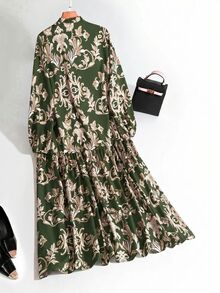 Mulvari 女款翡翠綠休閒端莊優雅歐風印花洋裝，適合正式場合、早晨、假期、冬季、家庭聚會、洗禮賓客 - 軍綠色 - 查看 3