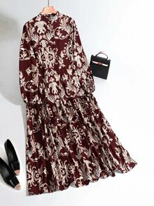 Al Najma 酒紅色休閒端莊優雅歐式印花女款洋裝，適合正式場合、Ninang、婚禮、晨間洗禮、賓客、秋季 - 酒紅色 - 查看 3