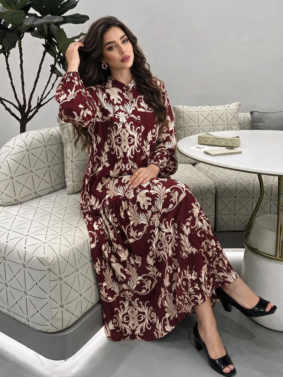 Al Najma 酒紅色休閒端莊優雅歐式印花女款洋裝，適合正式場合、Ninang、婚禮、晨間洗禮、賓客、秋季