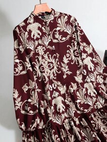 Al Najma 酒紅色休閒端莊優雅歐式印花女款洋裝，適合正式場合、Ninang、婚禮、晨間洗禮、賓客、秋季 - 酒紅色 - 查看 5