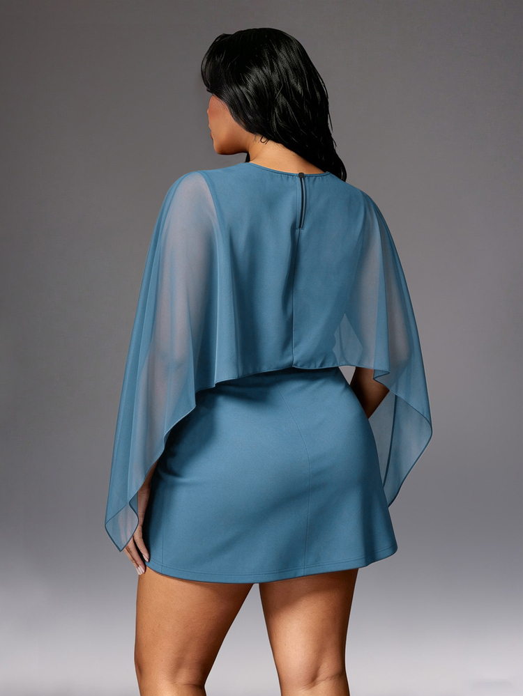 Rustia Cape Shawl Waist-Cinching Dress, Coffee Chiffon Patchwork High Waist A-Line Short Cocktail Dress Fall - Dusty Blue - View 2
