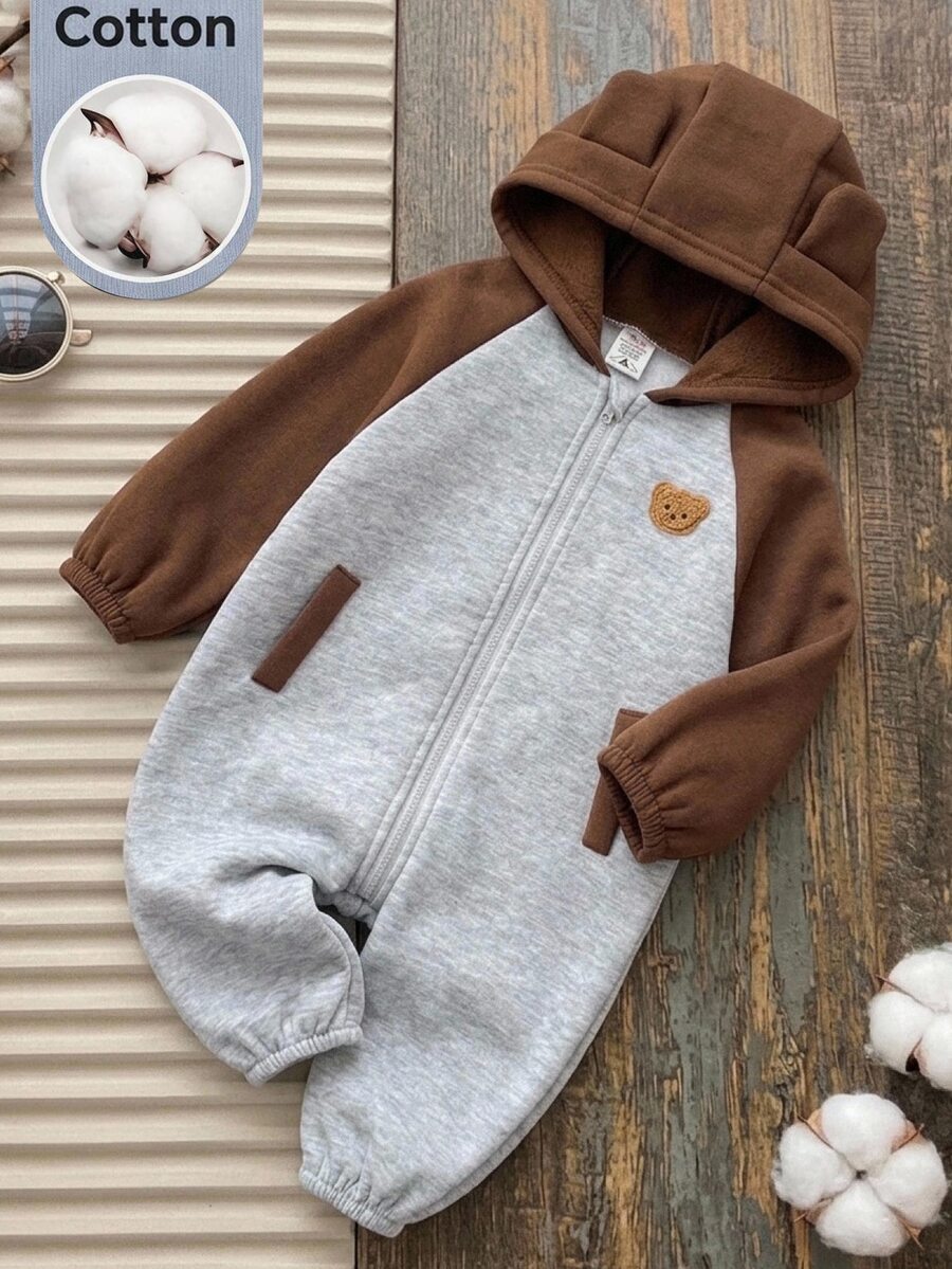 SHEIN 新生兒嬰兒中性熊造型連帽連身衣,拼色抓絨,休閒秋冬嬰兒服飾,適合萬聖節 - 彩色 - 查看 1