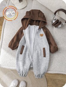 SHEIN 新生兒嬰兒中性熊造型連帽連身衣，拼色抓絨，休閒秋冬嬰兒服飾，適合萬聖節 - 彩色 - 查看 5