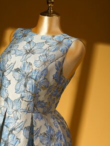 DreamSkyne 大码女士优雅蓝色提花烫金A字公主裙，无袖，收腰设计，适合毕业典礼、节日、情人节、音乐节、母亲节、万圣节、感恩节等场合。 - 淺藍色 - 查看 7
