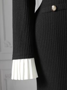 Rometta Plus Size Women's New Elegant Stand Collar Front Ruffle Multi-Button Design Knitted Stretch Fitted Dress, Suitable For Autumn/Winter - Black and White - View 9