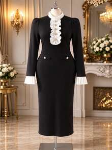 Rometta Plus Size Women's New Elegant Stand Collar Front Ruffle Multi-Button Design Knitted Stretch Fitted Dress, Suitable For Autumn/Winter - Black and White - View 3