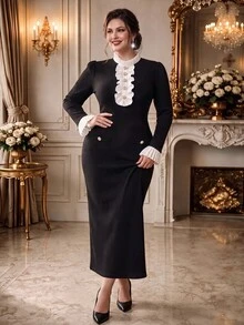 Rometta Plus Size Women's New Elegant Stand Collar Front Ruffle Multi-Button Design Knitted Stretch Fitted Dress, Suitable For Autumn/Winter - Black and White - View 1