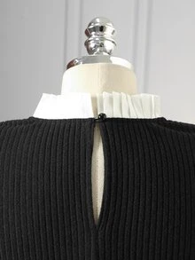 Rometta Plus Size Women's New Elegant Stand Collar Front Ruffle Multi-Button Design Knitted Stretch Fitted Dress, Suitable For Autumn/Winter - Black and White - View 6