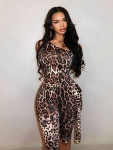 BamGleam Jumpsuit Bodycon Tanpa Lengan Motif Leopard dengan Pita untuk Wanita di Musim Panas - Khaki - View 2