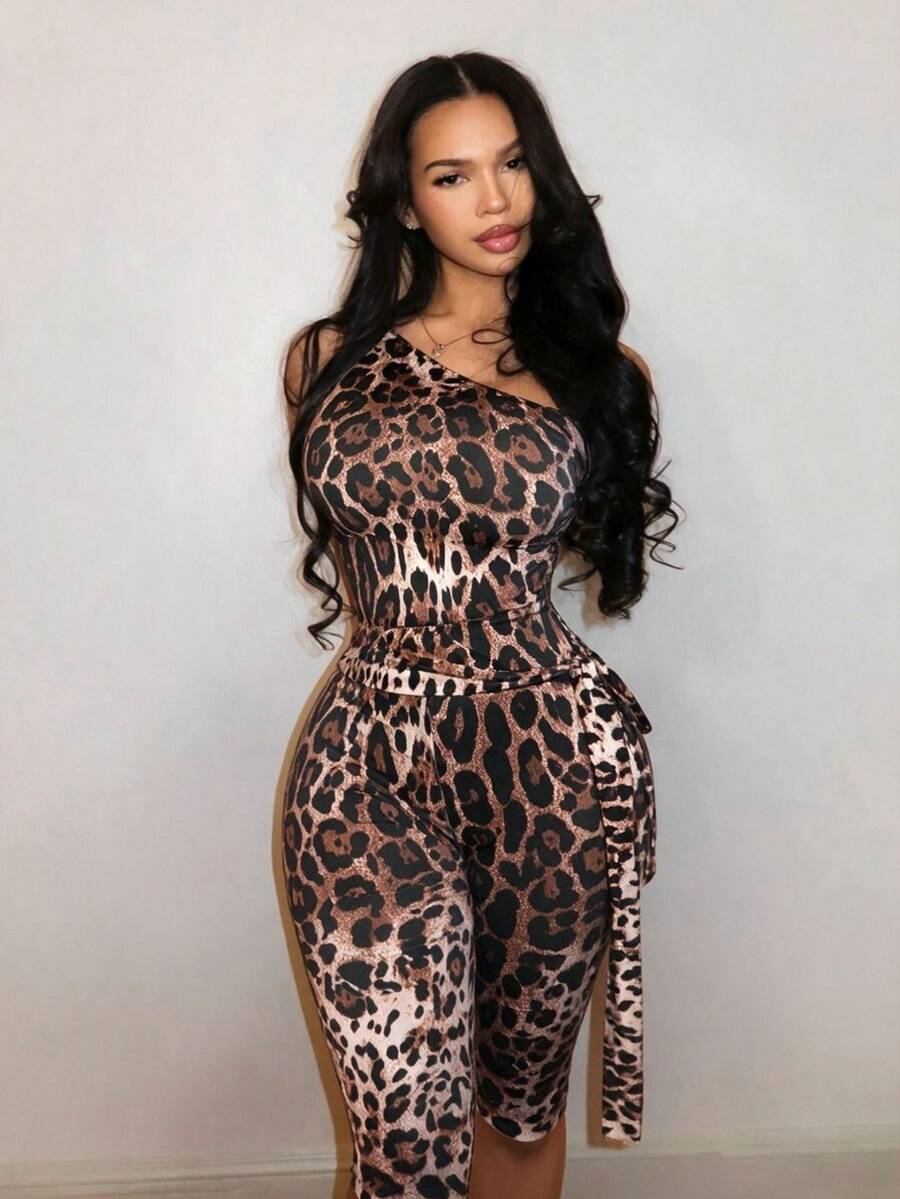 BamGleam Jumpsuit Bodycon Tanpa Lengan Motif Leopard dengan Pita untuk Wanita di Musim Panas