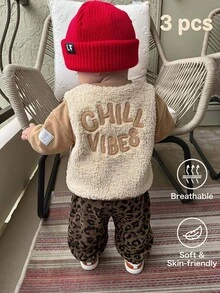 男女嬰兒/幼兒 3件組秋冬保暖內裡加厚休閒可愛羊羔絨背心外套套裝，嬰兒運動套裝，冬季穿搭套裝，嬰兒衣物 - 棕色 - 查看 2