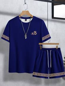 Manfinity Roughcore Men's Navy Blue And Gold King Icon Short Sleeve T-Shirt And Shorts Set,Floral Pattern Cuff, Streetwear,Summer Vacation Street Style Outfit - Multicolor - View 3
