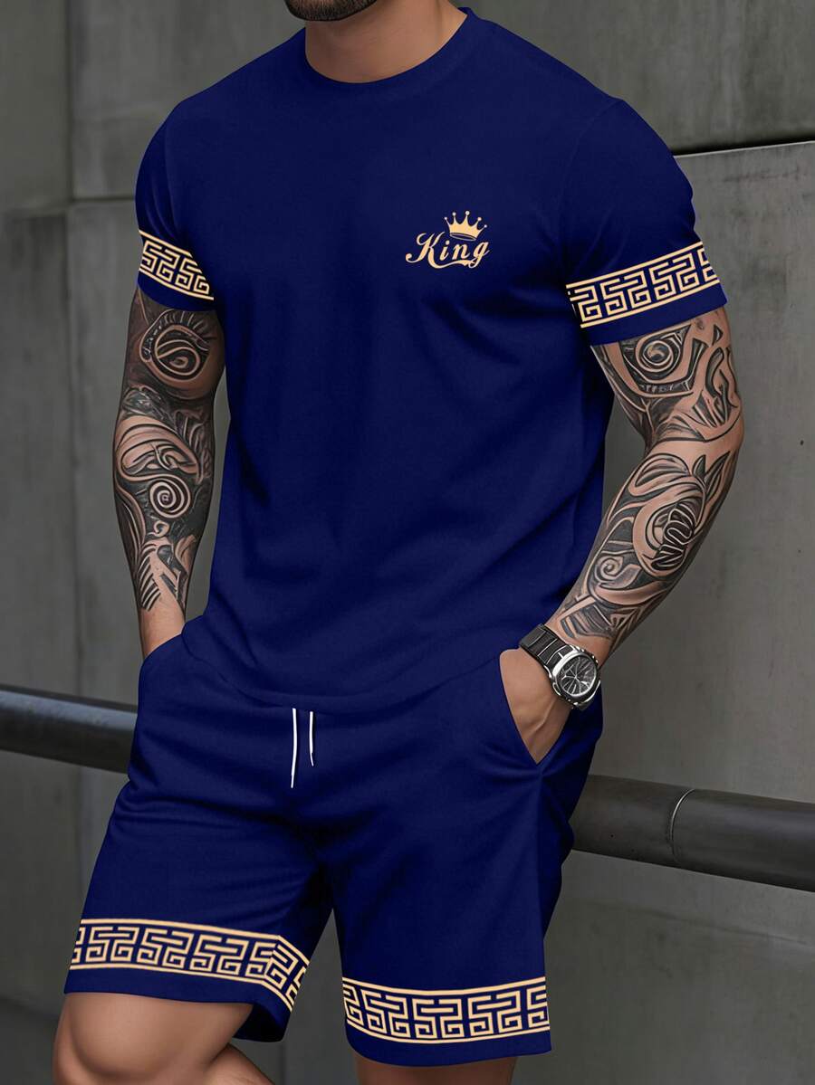 Manfinity Roughcore Men's Navy Blue And Gold King Icon Short Sleeve T-Shirt And Shorts Set,Floral Pattern Cuff, Streetwear,Summer Vacation Street Style Outfit - Multicolor - View 1