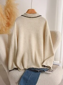 CosyJoli Plus Size Casual Color-Block Dogstooth Trim V-Neck Pullover Sweater,Fall Autumn Casual Mother's Day Winter - Apricot - View 5