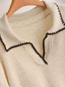 CosyJoli Plus Size Casual Color-Block Dogstooth Trim V-Neck Pullover Sweater,Fall Autumn Casual Mother's Day Winter - Apricot - View 7