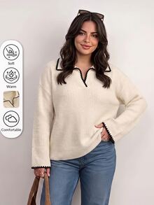 CosyJoli Plus Size Casual Color-Block Dogstooth Trim V-Neck Pullover Sweater,Fall Autumn Casual Mother's Day Winter - Apricot - View 6