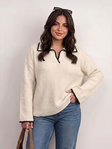 CosyJoli Plus Size Casual Color-Block Dogstooth Trim V-Neck Pullover Sweater,Fall Autumn Casual Mother's Day Winter - Apricot - View 11