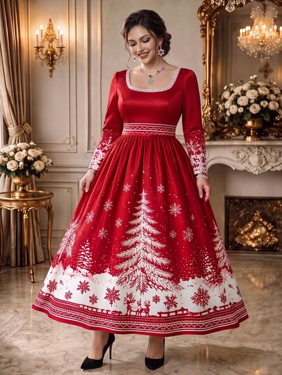 Rometta Vestido de fiesta y banquete elegante de talla grande para mujer, color rojo nieve navideño, largo, para otoño