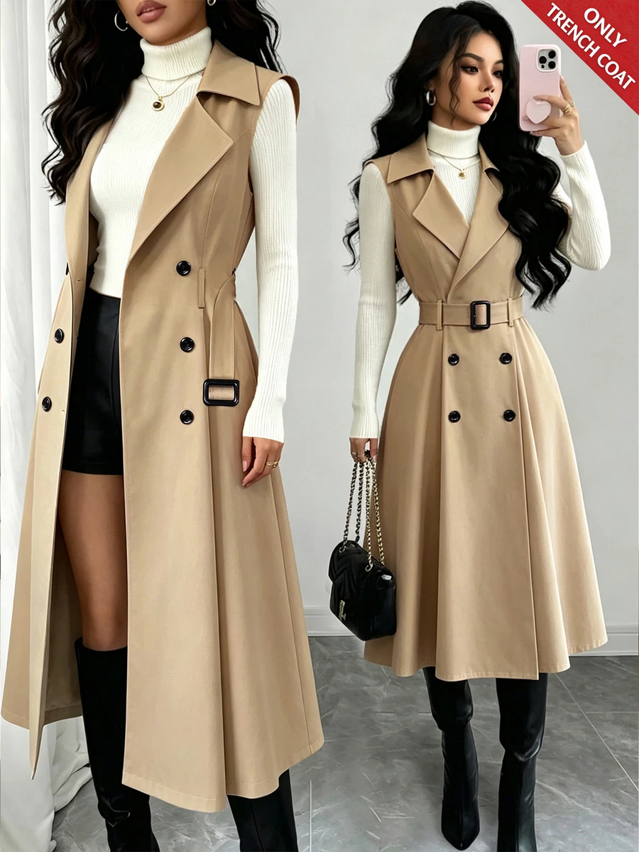 Elenzga Double Breasted Belted Trench Coat - Khaki - View 1