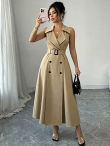 Elenzga Double Breasted Belted Trench Coat - Khaki - View 5